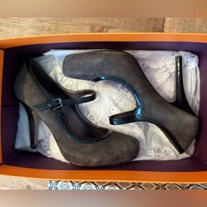 Isola Grey Suede Mary Jane Heels with Black Patent Trim